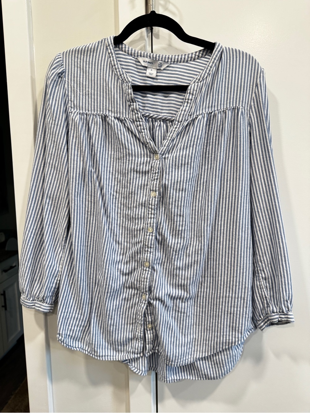 Old Navy Blue & White Striped Button-Down Peasant Blouse